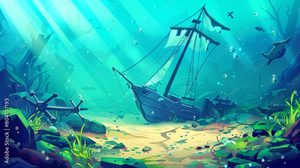 Cartoon illustration of sunken wreck sailboat laying on marine floor deep under blue water with mossy stones and green algae. Seafloor landscape with underwater wreck sailboats.
