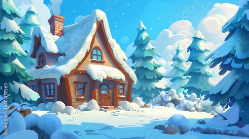 Cartoon modern image of a country landscape with a cute cottage and well tube with backet in a tree-filled forest. Country scene with a cottage and trees covered in snow in the winter season. photo