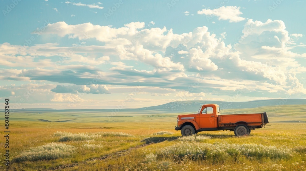 Fototapeta premium An orange truck is parked in a field with a cloudy sky in the background