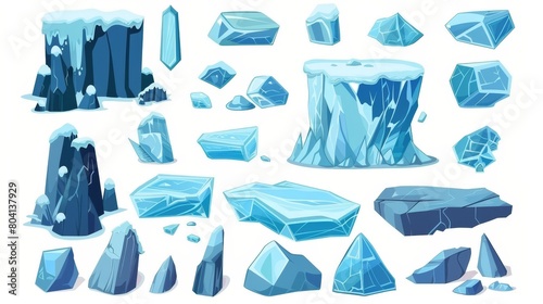 An arctic landscape with ice floe pieces and a framed mountain cliff. Blue glacier cubes floating in a sunny sea or ocean. Nordic frozen snow glass. Modern illustration set of frozen water chunks.