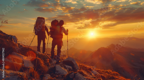 Hiker helping friend reach the mountain with sunset background  walking together. Generative AI.