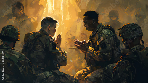 An illustration of a military chaplain praying with soldiers.


 photo