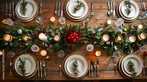 Christmas table setting with wreath and candles in din photo