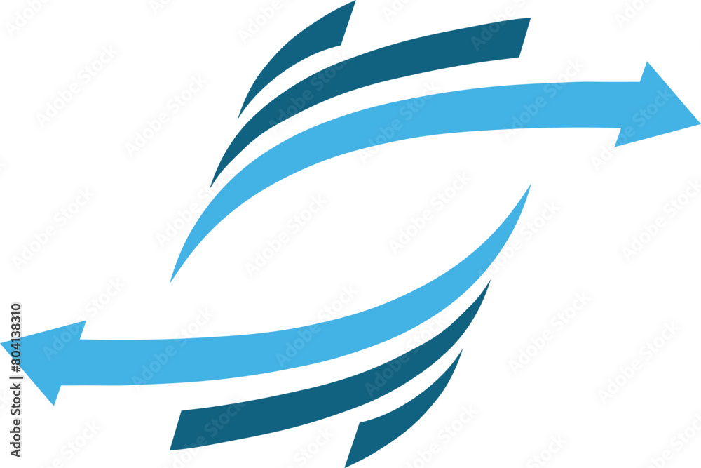 Graphic design of two arrows pointing right and left. The hands are designed with a sense of movement and fluidity and are composed of blue tapering stripes