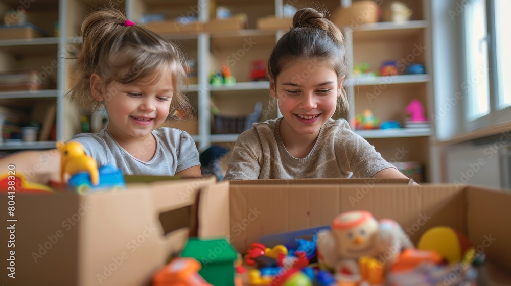 Fototapeta premium Joyful Siblings Engaged in Playful Discovery with Toy Collection at Home. Generative ai
