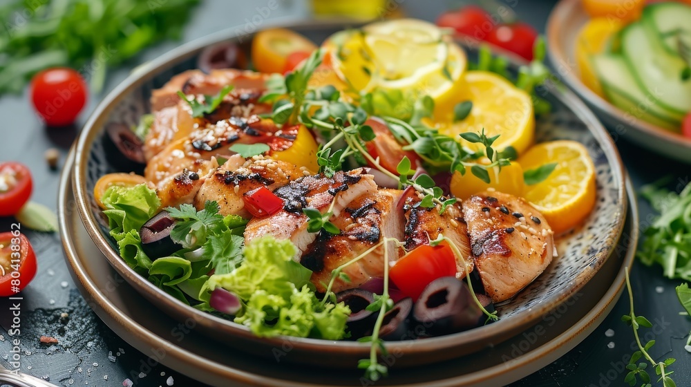 Juicy Grilled Chicken and Fresh Garden Salad on Rustic Table. Generative ai Juicy Grilled Chicken and Fresh Garden Salad on Rustic Table. Generative ai