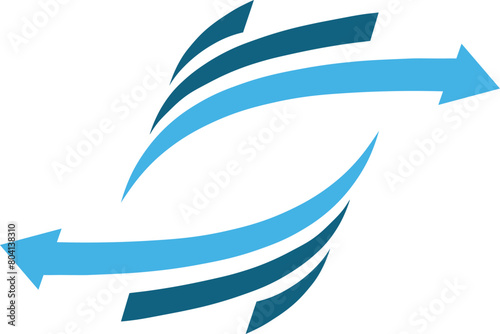 Graphic design of two arrows pointing right and left. The hands are designed with a sense of movement and fluidity and are composed of blue tapering stripes