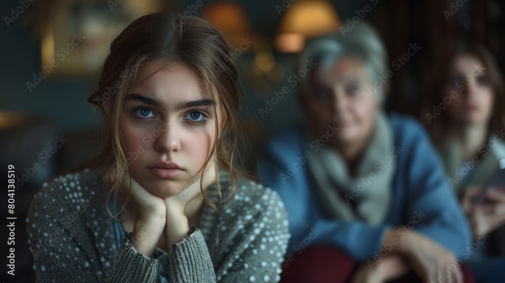 Portrait of Young Woman with Family Members in Soft Focus Background. Generative ai Portrait of Young Woman with Family Members in Soft Focus Background. Generative ai