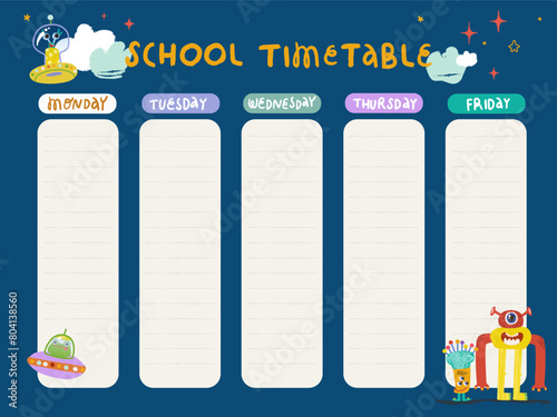 Template for school class schedule with images of flying saucer stars and funny monsters. Vector illustration
