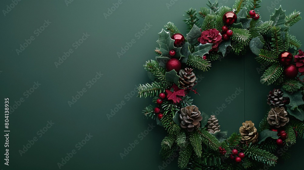 Christmas wreath hanging on green wall closeup