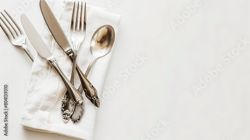 Clean napkin and cutlery on white background