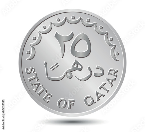 25 dirhams coin of Qatar. Coin side isolated on white background. Vector.