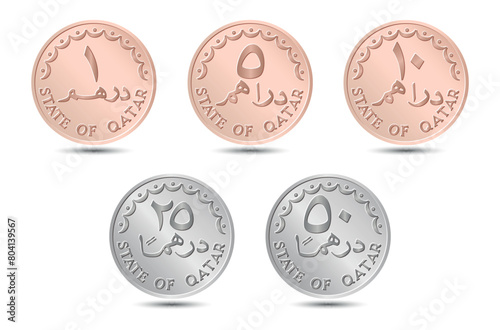 Set of coins, dirhams of Qatar. Coins side isolated on white background. Vector.