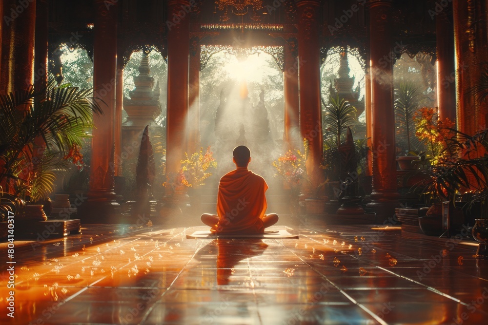 Serene meditation session inside a tranquil temple, with soft light filtering through. 