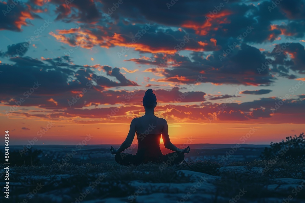 Serene silhouette of a person meditating against a colorful sunset sky