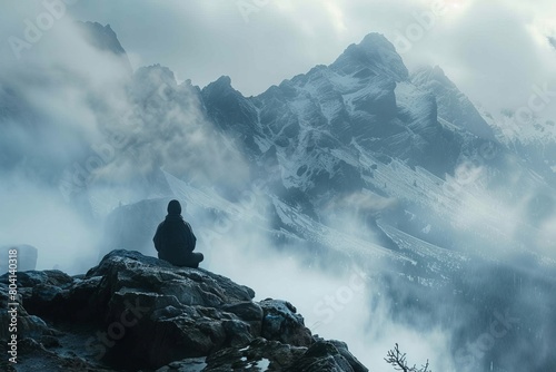 Serene mountain landscape, where a lone figure meditates at the summit, surrounded by mist. 