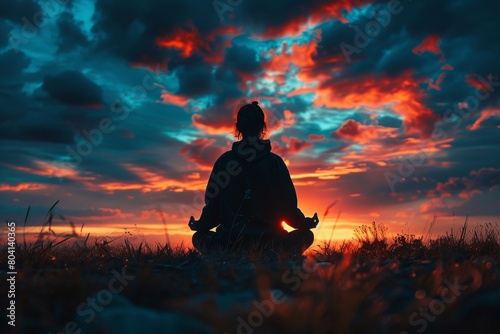 Serene silhouette of a person meditating against a colorful sunset sky. 