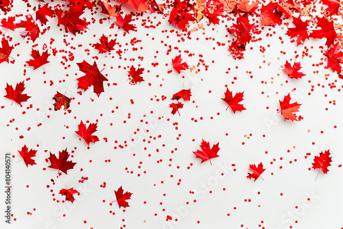 A red maple leaf is falling on a white background. photo