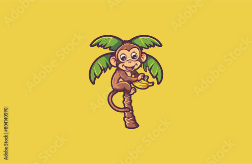 Monkey and Banana vector illustration flat design logo