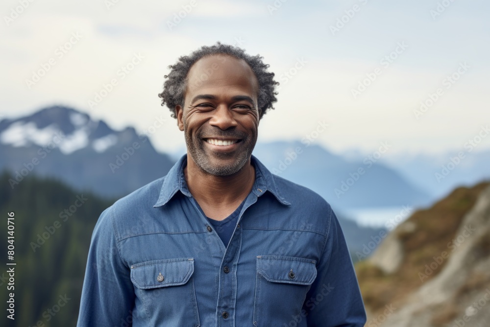 Portrait of a cheerful afro-american man in his 40s sporting a versatile denim shirt on snowy mountain range Portrait of a cheerful afro-american man in his 40s sporting a versatile denim shirt on snowy mountain range