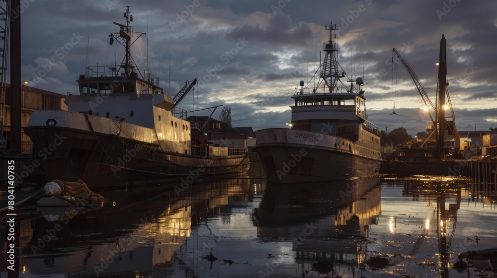 A maritime repair yard under the soft glow of twilight, with ships undergoing maintenance in dry docks and workers wrapping up their tasks for the day
