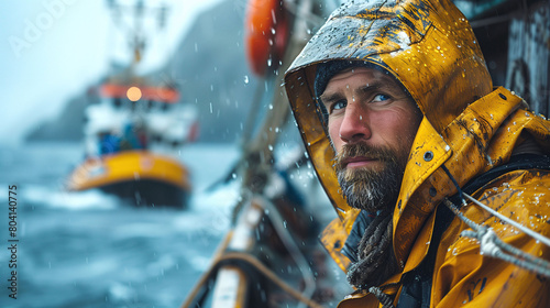A man in a yellow raincoat is standing on a boat in the water. He looks at the camera with a serious expression. The scene is set in the ocean, and the man is a fisherman or sailor. photo