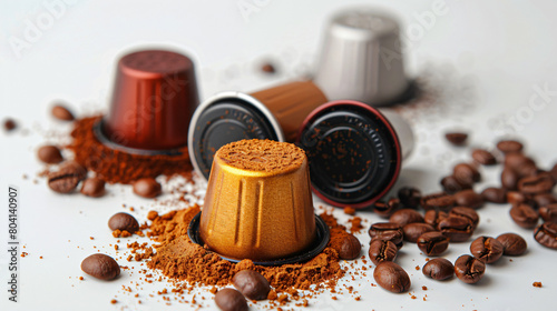 Coffee capsules with powder on white background © Little