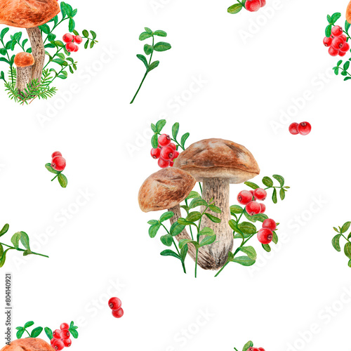 Wild mushrooms, red wild berries watercolor seamless pattern. Hand drawn botanical realistic ornament. Forest boletus and cranberry botanical motif for printing on fabric, packing paper, wallpaper