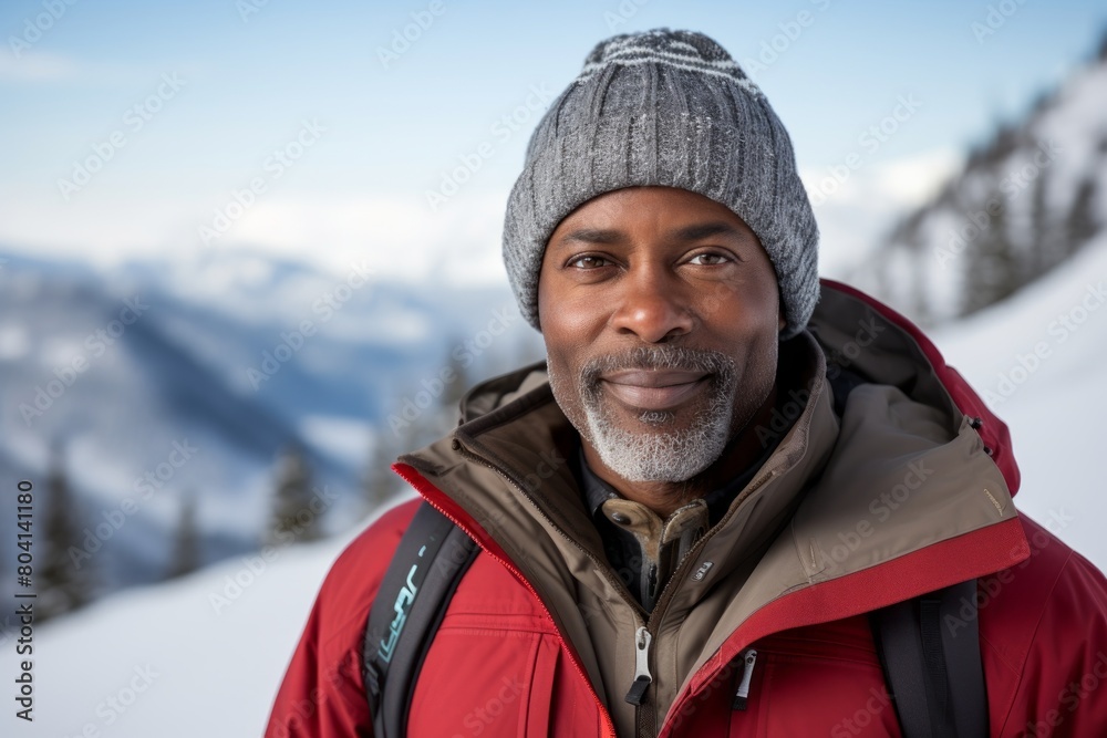 Portrait of a tender afro-american man in his 40s dressed in a warm ski hat in front of snowy mountain range Portrait of a tender afro-american man in his 40s dressed in a warm ski hat in front of snowy mountain range