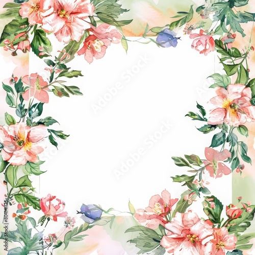A festive floral frame showcases a watercolor painting of vibrant spring blooms