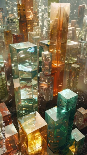 A cityscape made of glass blocks with a lot of different colors