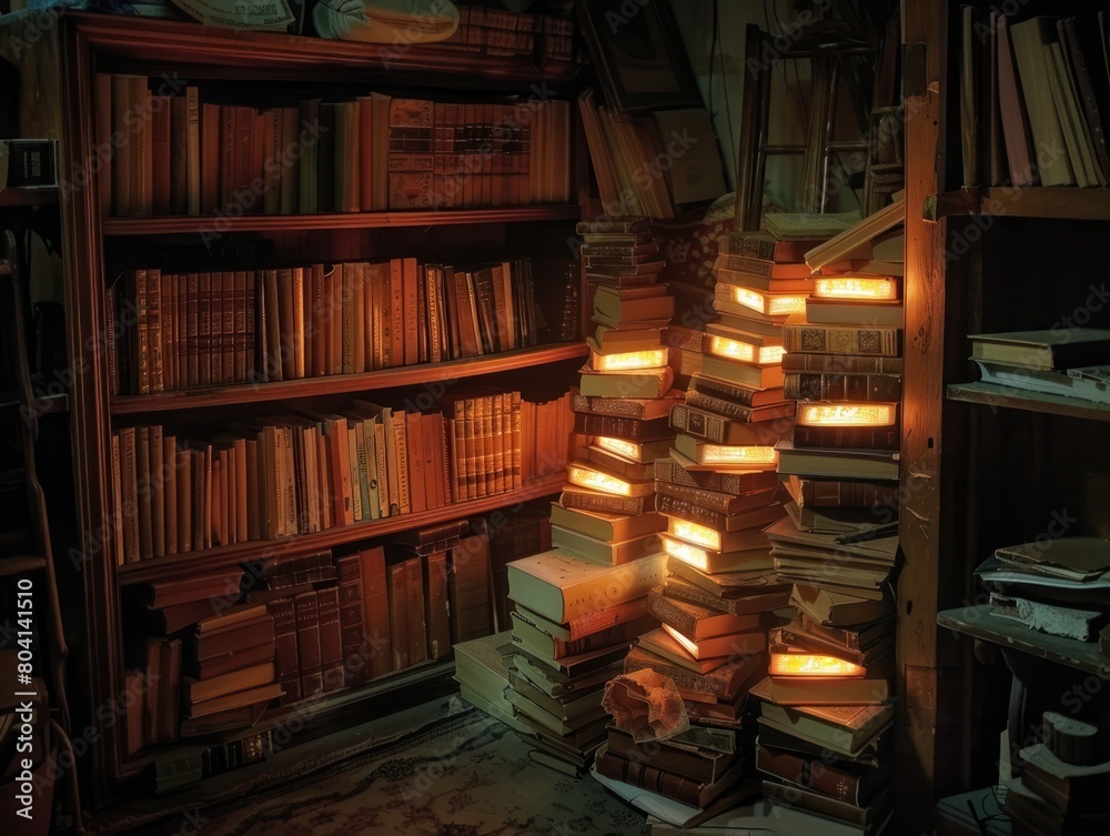 Obraz premium A room with a lot of books stacked on top of each other