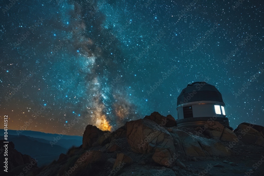 A small observatory is perched on a rocky hillside, with a clear night sky above A small observatory is perched on a rocky hillside, with a clear night sky above