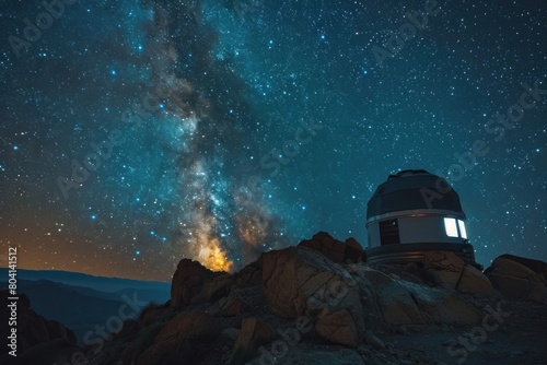 A small observatory is perched on a rocky hillside, with a clear night sky above