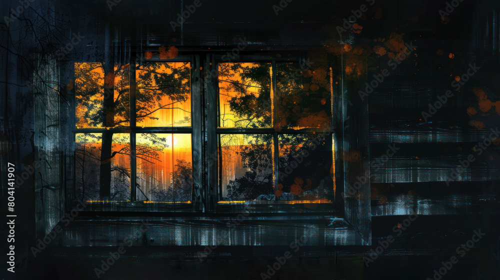 A window with trees outside and the sun setting
