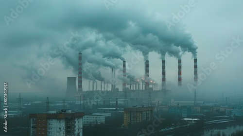 Smoke Billowing from Power Plant Chimneys 