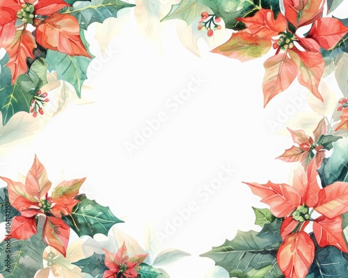 A festive floral frame with vibrant poinsettias sets the mood for a warm Christmas celebration  Watercolor Blank frame template Sharpen with large copy space