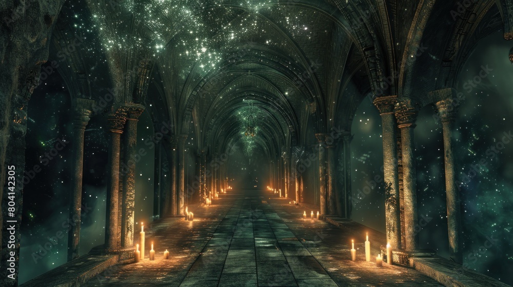 A dark, narrow hallway with a few candles lit A dark, narrow hallway with a few candles lit