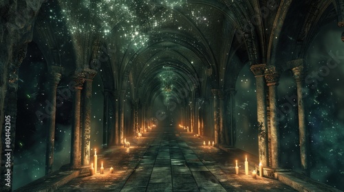 A dark  narrow hallway with a few candles lit