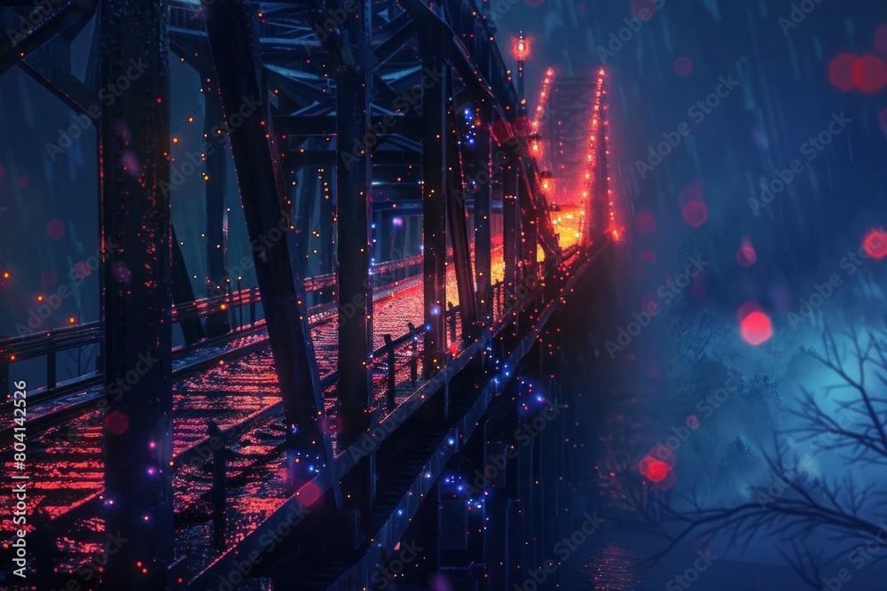 A bridge with a train crossing it in the rain A bridge with a train crossing it in the rain