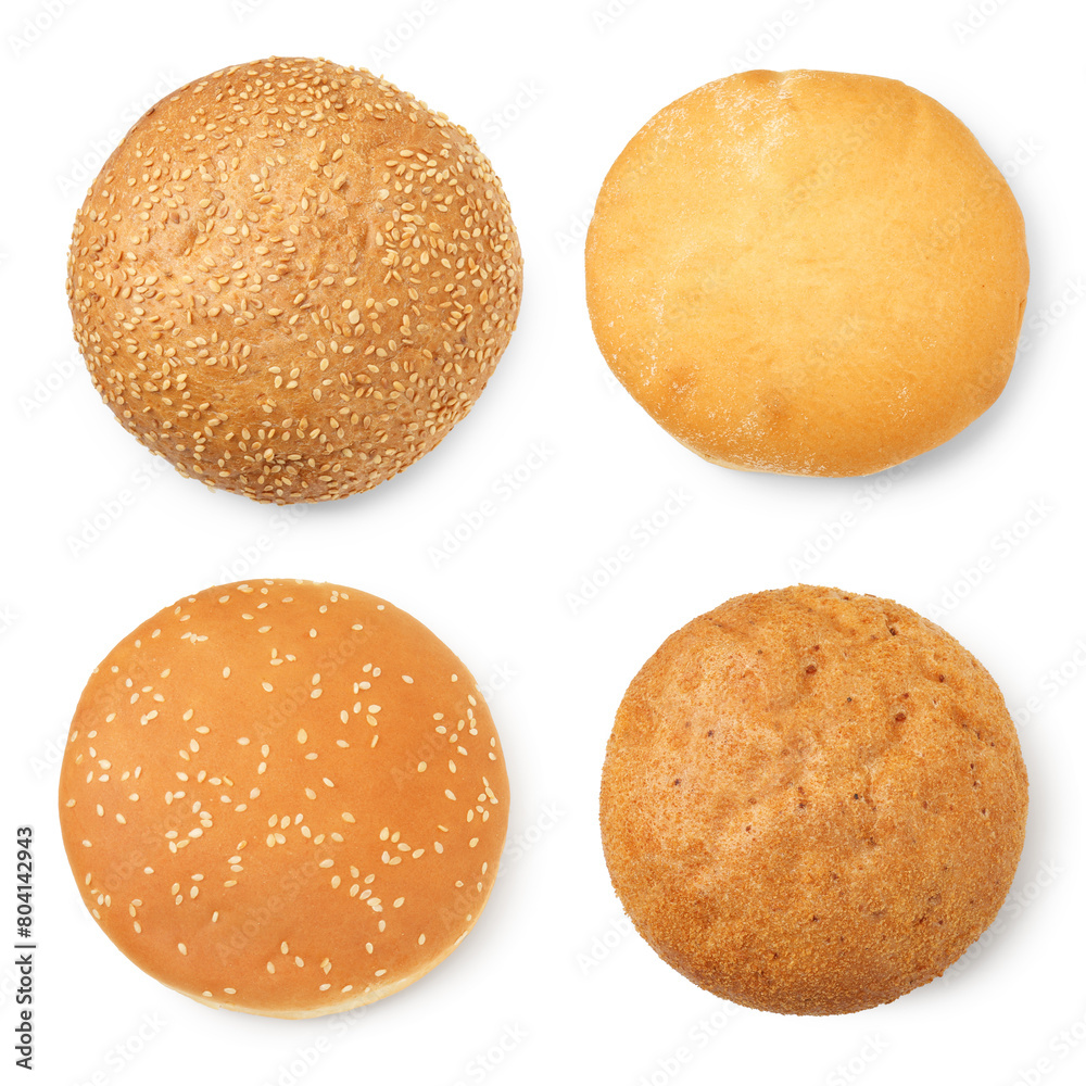 Different burger buns isolated on white, top view Different burger buns isolated on white, top view
