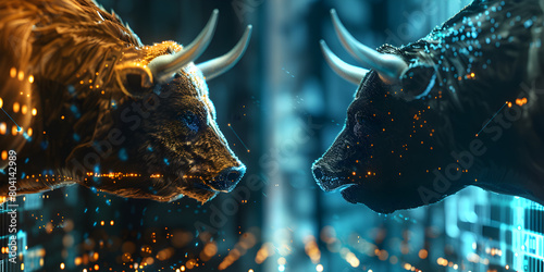 Clash of Titans: Two Mighty Bulls Confronting in Devilish Blue photo