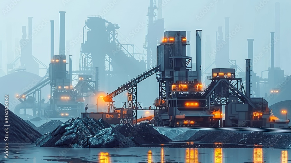 Industrial Landscape with Coal Piles and Machinery Industrial Landscape with Coal Piles and Machinery