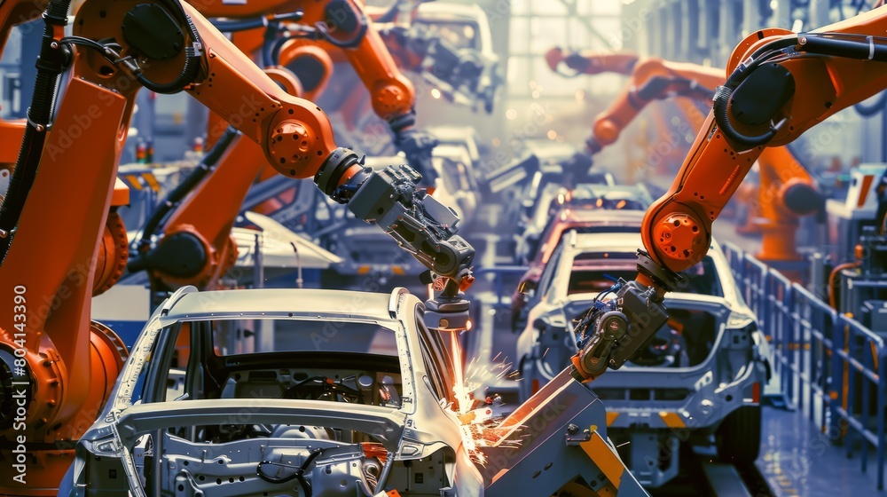 A modern automotive assembly line with robots assembling car parts, showcasing the automation and efficiency of automotive manufacturing