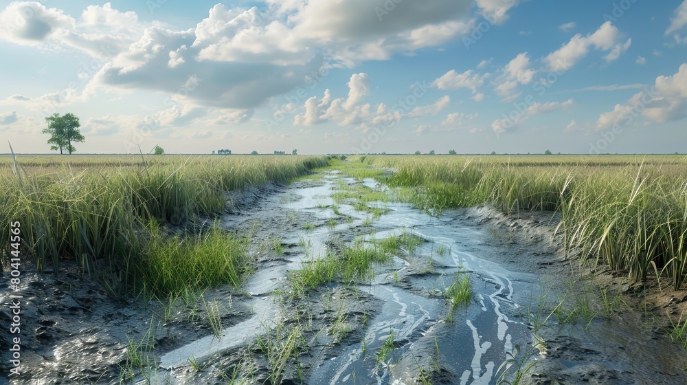 beautiful landscape with a river flowing through a grassy plain. The sky is blue and there are some clouds in the distance. beautiful landscape with a river flowing through a grassy plain. The sky is blue and there are some clouds in the distance.