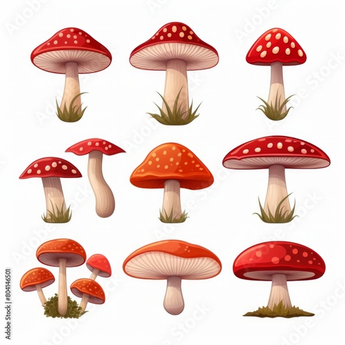 Amanita mushrooms set on a white background. 