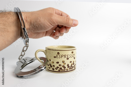 A man in handcuffs is combined with a cup of coffee. The concept of coffee addiction.