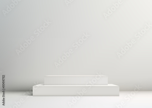3D white podium stair with a light shines on it, against a white wall background, Minimal style, product display, mockup, showroom, showcase