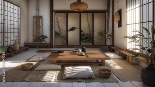 A minimalist, Japanese-inspired living space with tatami mats, a low wooden table, floor cushions.