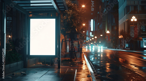  a mockup showcasing a blank white vertical digital billboard poster on a city street bus stop sign illuminated against the darkness of the night